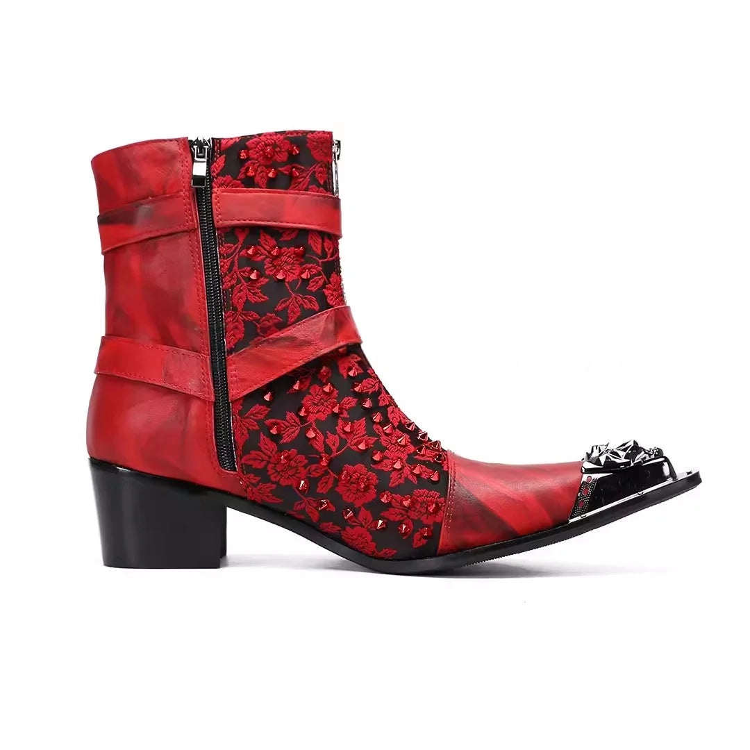 Bottes mi-mollet style punk en métal avec boucle et tête de mort pour homme, couleurs mélangées, broderies, style western, style cowboy, chaussures en cuir pour homme