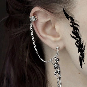 Boucles d'oreilles pendantes style punk vintage argenté, motif squelette et tête de mort, style hip-hop, longue chaîne, pompon asymétrique, bijoux d'oreilles, cadeaux - VALDIS™