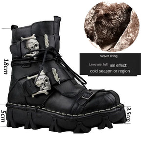 Bottes de moto en cuir véritable, à lacets et à boucle, plateforme bout rond hiver, bottes tête de mort pour hommes courtes à semelle épaisse