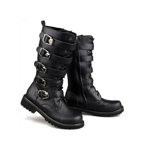 Bottes de moto d'hiver pour hommes, chaudes, tendance, mi-mollet, punk rock, chaussures pour hommes, en cuir noir, montantes, décontractées, bottes tendance pour hommes