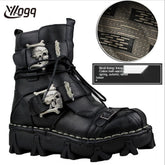 Bottes de moto en cuir véritable, à lacets et à boucle, bout rond, plateforme, hiver 2023, bottes courtes à semelle épaisse, bottes tête de mort pour hommes - VALDIS™