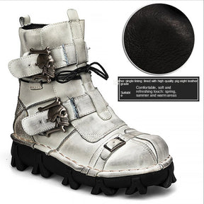 Bottes de moto en cuir véritable, à lacets et à boucle, bout rond, plateforme, hiver 2023, bottes courtes à semelle épaisse, bottes tête de mort pour hommes