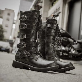 Bottes de moto d'hiver pour hommes, chaudes, tendance, mi-mollet, punk rock, chaussures pour hommes, en cuir noir, montantes, décontractées, bottes tendance pour hommes