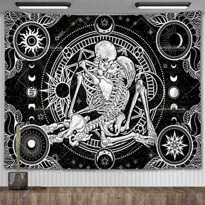 Tapisserie murale motif crâne mandala pour chambre à coucher, style gothique noir et blanc, motif squelette, toile de fond esthétique, décoration de chambre - VALDIS™