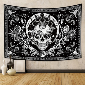 Tapisserie murale motif tête de mort mandala, motif serpent, noir et blanc, papillon, squelette trippant, décoration d'intérieur, phases de lune, - VALDIS™