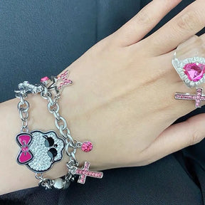 Bracelet squelette Harong Halloween, mode punk gothique, mignon nœud rose motif crane, squelette, bijoux pour femme, cadeau du Nouvel An