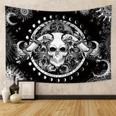Tapisserie murale motif tête de mort mandala, noir et blanc, motif serpent, papillon, squelette trippant, phases de lune, décoration d'intérieur - VALDIS™