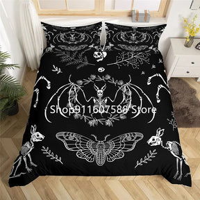 Parure de lit motif papillon de nuit noir, housse de couette gothique, motif tête de mort, motif papillon, 2/3 pièces, motif lune et étoiles, textile de maison de luxe