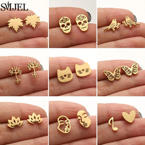 Boucles d'oreilles en acier inoxydable doré pour femmes, minimalistes, motif feuille, crâne, chat, papillon, abeille, bijoux tendance, cœur, musique, clous d'oreilles - VALDIS™