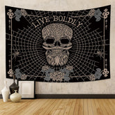 Tapisserie murale motif tête de mort mandala, noir et blanc, motif serpent, papillon, squelette trippant, décoration d'intérieur, phases de lune, - VALDIS™