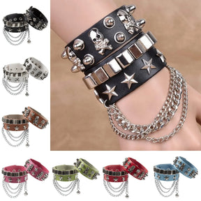 Lot de 2 bracelets punk gothiques emo pour femmes, style bohème, tête de mort, rivets, en cuir PU, chaîne en métal, pompons, bijoux de festival