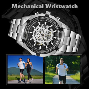 Montre mécanique automatique pour homme, style steampunk, tête de mort, bracelet en acier inoxydable argenté, cadran squelette, design tendance et cool