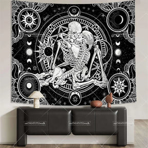 Tapisserie murale motif crâne mandala pour chambre à coucher, style gothique noir et blanc, motif squelette, toile de fond esthétique, décoration de chambre - VALDIS™