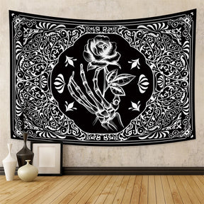 Tapisserie murale motif tête de mort mandala, noir et blanc, motif serpent, papillon, squelette trippant, décoration d'intérieur, phases de lune, - VALDIS™