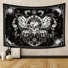 Tapisserie murale motif tête de mort mandala, noir et blanc, motif serpent, papillon, squelette trippant, décoration d'intérieur, phases de lune, - VALDIS™