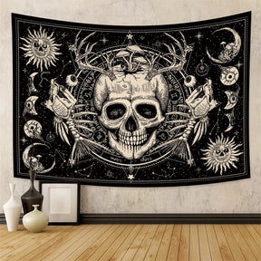 Tapisserie murale motif tête de mort mandala, noir et blanc, motif serpent, papillon, squelette trippant, décoration d'intérieur, phases de lune, - VALDIS™
