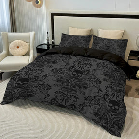 Parure de lit 3 pièces motif tête de mort et fleurs, comprenant 1 housse de couette et 2 taies d'oreiller, idéale pour toutes les saisons.