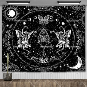 Tapisserie murale motif crâne mandala pour chambre à coucher, style gothique noir et blanc, motif squelette, toile de fond esthétique, décoration de chambre - VALDIS™