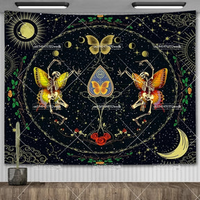 Tapisserie murale motif crâne mandala pour chambre à coucher, style gothique noir et blanc, motif squelette, toile de fond esthétique, décoration de chambre - VALDIS™
