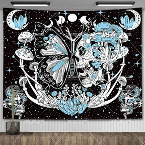 Tapisserie murale motif crâne mandala pour chambre à coucher, style gothique noir et blanc, motif squelette, toile de fond esthétique, décoration de chambre - VALDIS™