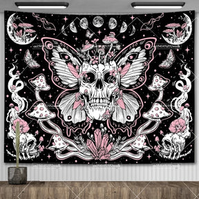 Tapisserie murale motif crâne mandala pour chambre à coucher, style gothique noir et blanc, motif squelette, toile de fond esthétique, décoration de chambre - VALDIS™