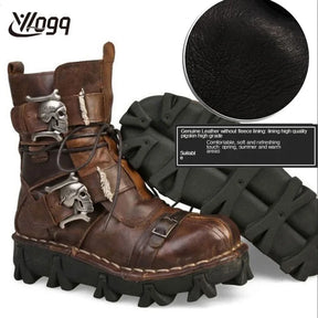 Bottes de moto en cuir véritable, à lacets et à boucle, plateforme bout rond hiver, bottes tête de mort pour hommes courtes à semelle épaisse