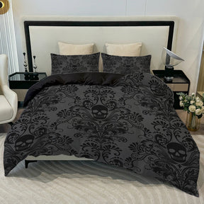 Parure de lit 3 pièces motif tête de mort et fleurs, comprenant 1 housse de couette et 2 taies d'oreiller, idéale pour toutes les saisons.