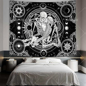 Tapisserie murale motif crâne mandala pour chambre à coucher, style gothique noir et blanc, motif squelette, toile de fond esthétique, décoration de chambre - VALDIS™
