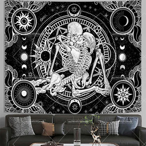 Tapisserie murale motif crâne mandala pour chambre à coucher, style gothique noir et blanc, motif squelette, toile de fond esthétique, décoration de chambre - VALDIS™