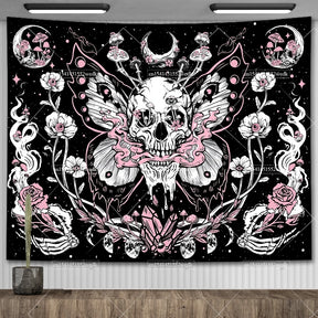 Tapisserie murale motif crâne mandala pour chambre à coucher, style gothique noir et blanc, motif squelette, toile de fond esthétique, décoration de chambre - VALDIS™
