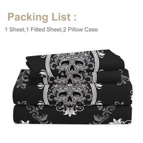 Parure de lit 4 pièces avec imprimé tête de mort et fleurs tatouées, respirante et douce. Comprend 1 drap plat, 1 drap-housse et 2 taies d'oreiller.