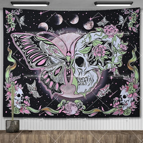 Tapisserie murale motif crâne mandala pour chambre à coucher, style gothique noir et blanc, motif squelette, toile de fond esthétique, décoration de chambre - VALDIS™