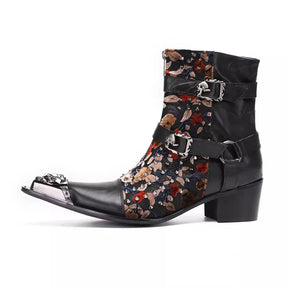 Bottes mi-mollet style punk en métal avec boucle et tête de mort pour homme, couleurs mélangées, broderies, style western, style cowboy, chaussures en cuir pour homme
