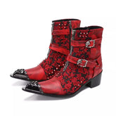 Bottes mi-mollet style punk en métal avec boucle et tête de mort pour homme, couleurs mélangées, broderies, style western, style cowboy, chaussures en cuir pour homme