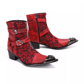 Bottes mi-mollet style punk en métal avec boucle et tête de mort pour homme, couleurs mélangées, broderies, style western, style cowboy, chaussures en cuir pour homme